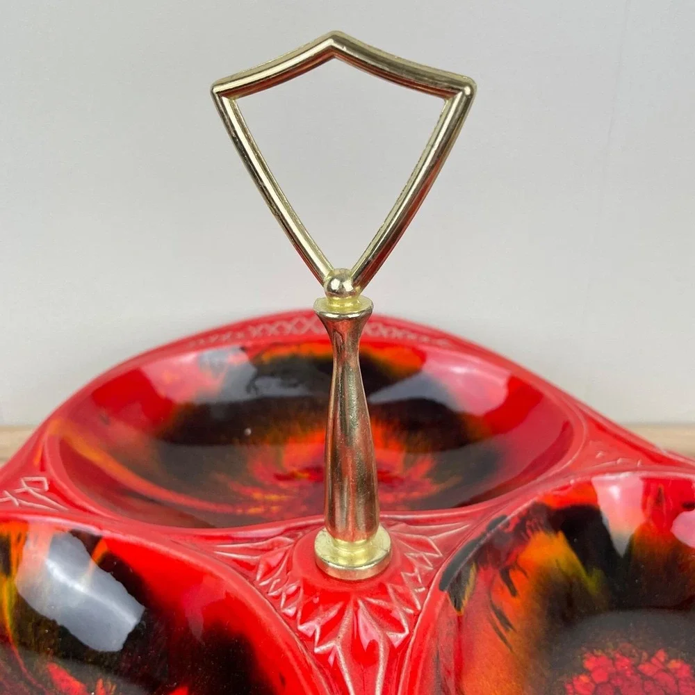 California Original Pottery Vintage MCM Red Orange Relish Tray Platter 3 Section